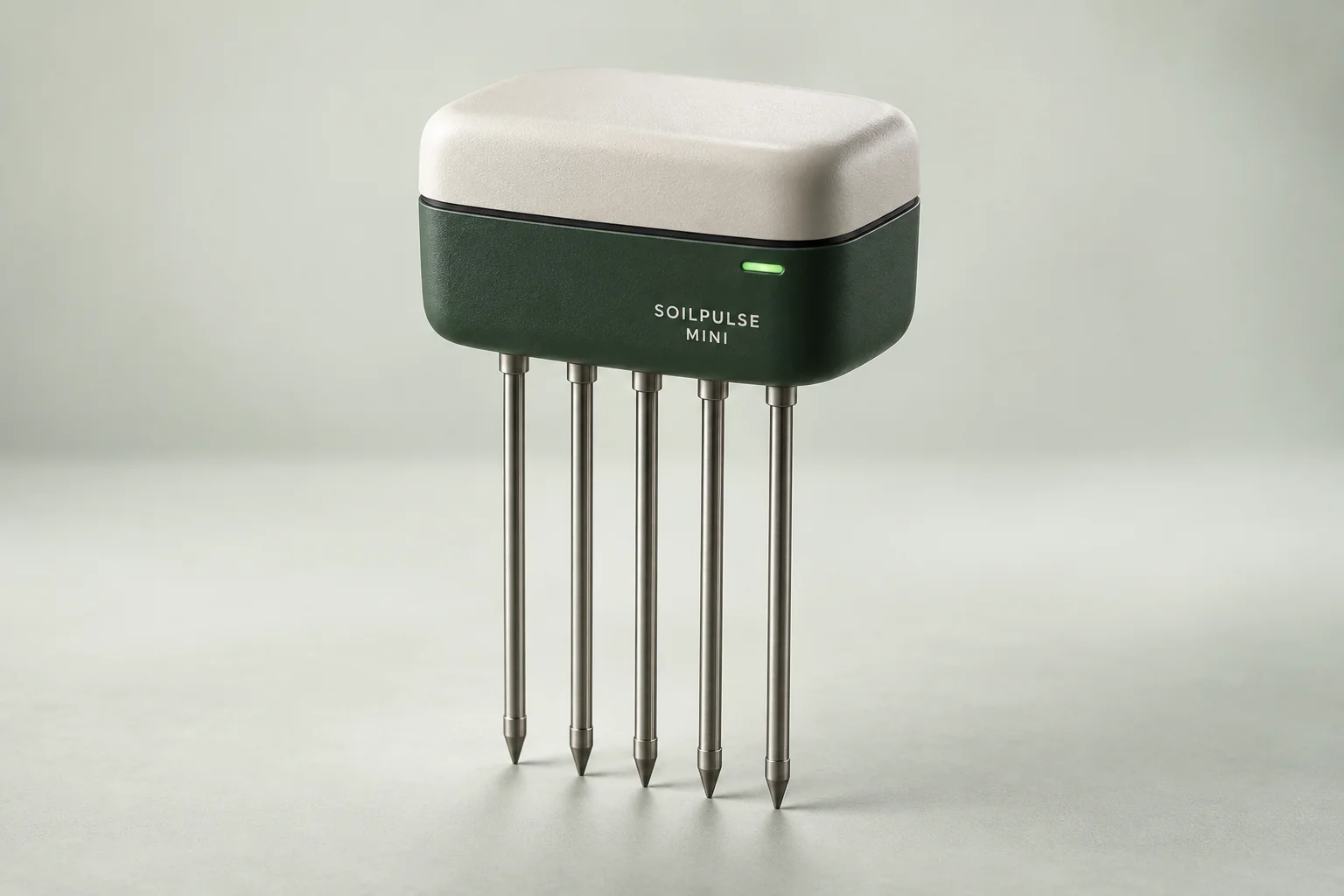 A studio render of the SoilPulse Mini concept: a small off-white and forest-green head on five stainless steel rods
