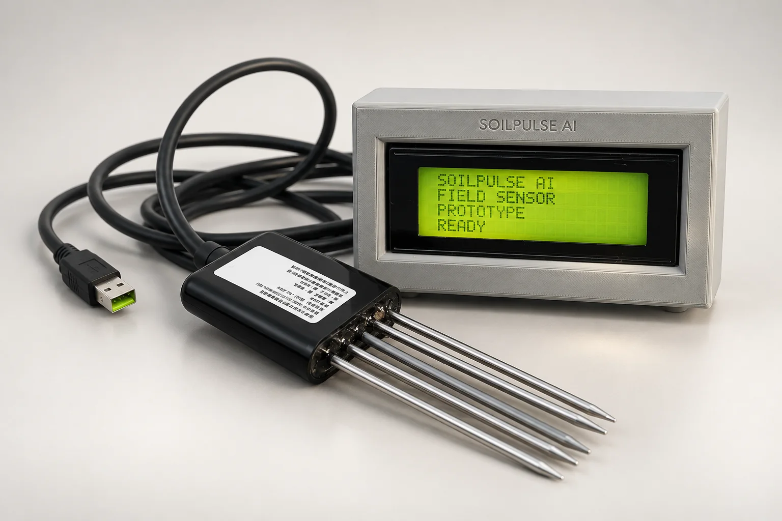 A studio render of the SoilPulse Probe: a grey reader with a green screen and a black probe with five stainless steel rods